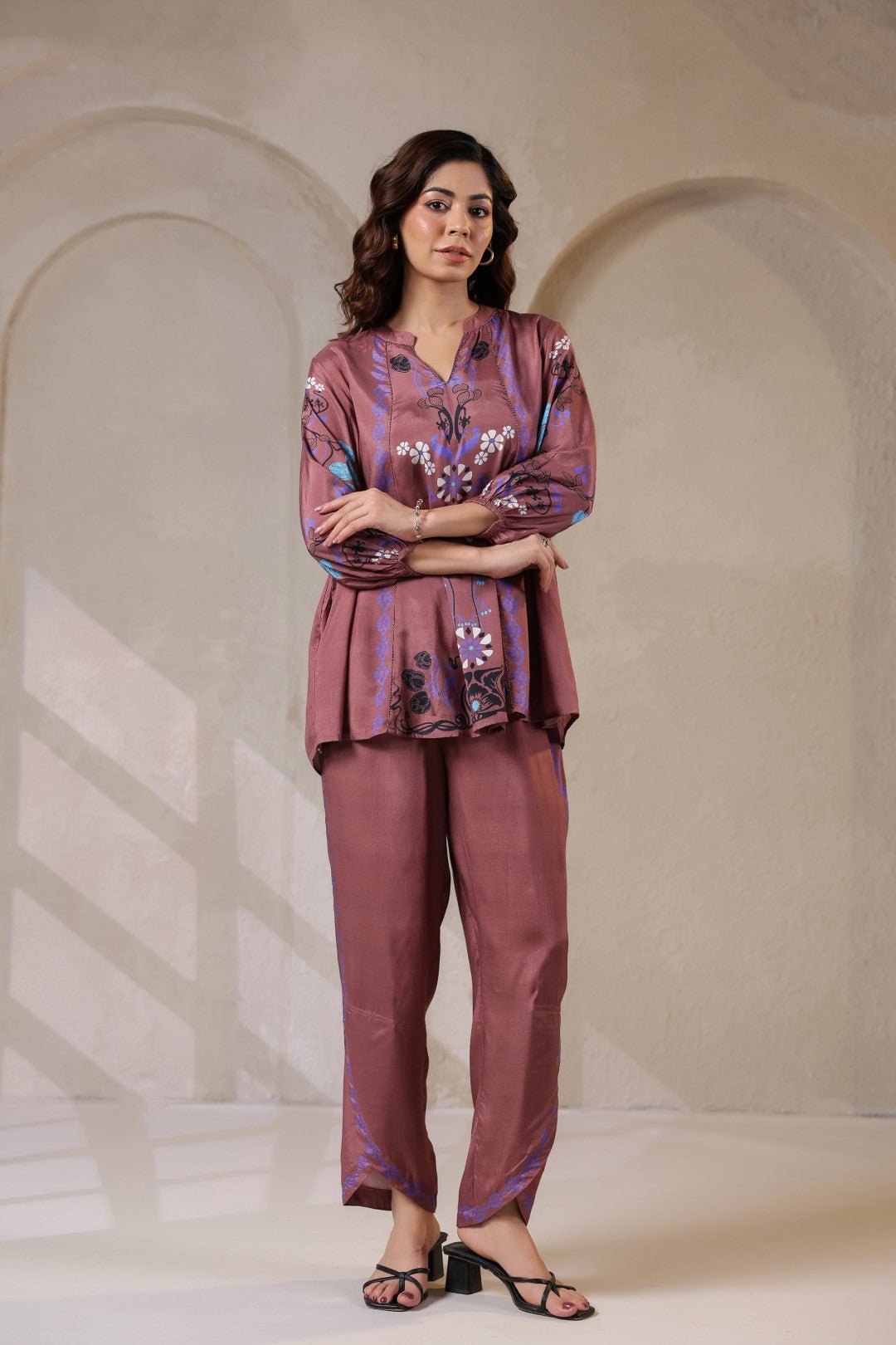 Nyaro Signature Wine Printed Co - ord Set in Viscose Santoon - Nyaro
