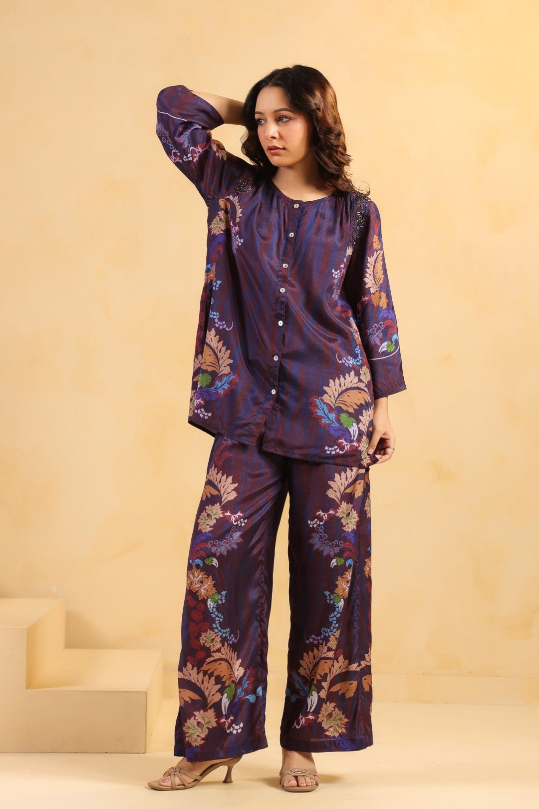Nyaro Signature Wine Printed Co - ord Set in Viscose Santoon - Nyaro