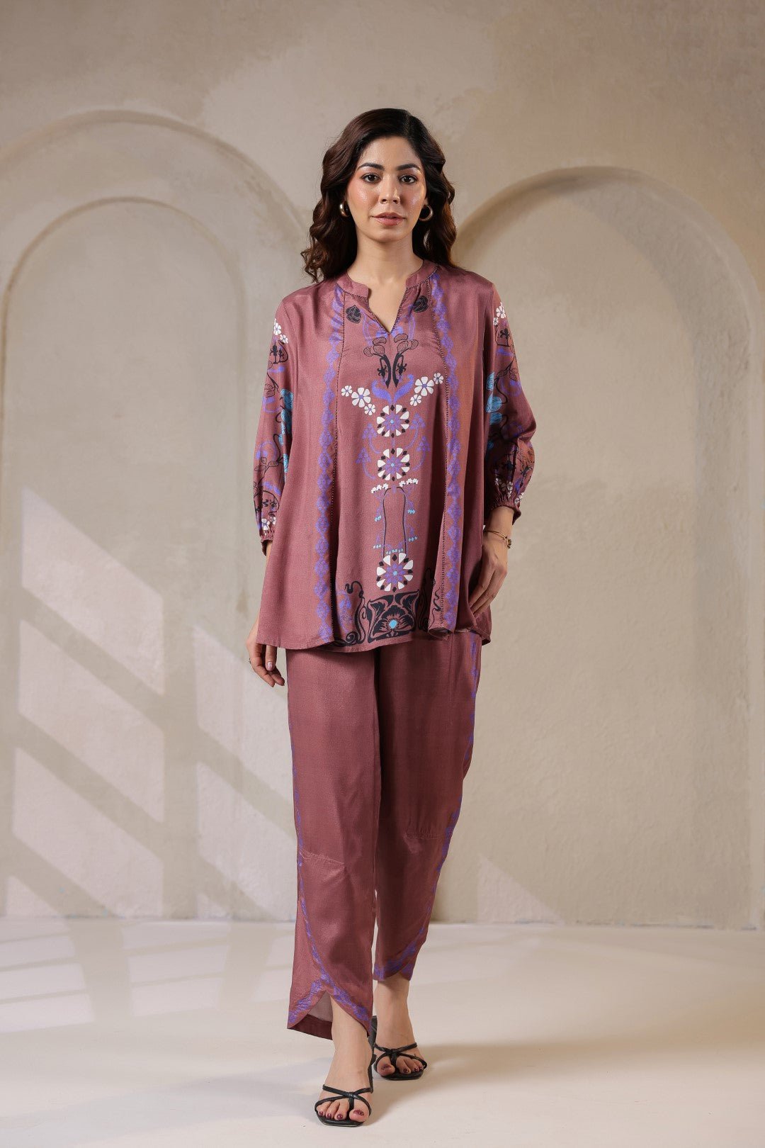 Nyaro Signature Wine Printed Co - ord Set in Viscose Santoon - Nyaro