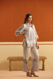 Off - White Printed Viscose Santoon Flared Top & Pant Co - Ord Set for Women - Nyaro