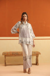 Off - White Printed Viscose Santoon Flared Top & Pant Co - Ord Set for Women - Nyaro