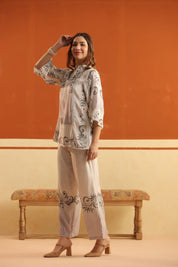 Off - White Printed Viscose Santoon Flared Top & Pant Co - Ord Set for Women - Nyaro