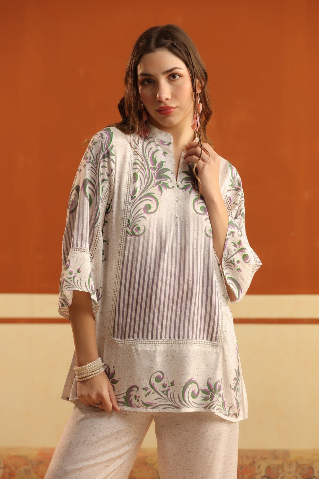 Off - White Printed Viscose Santoon Flared Top & Pant Co - Ord Set for Women - Nyaro