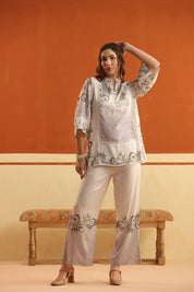 Off - White Printed Viscose Santoon Flared Top & Pant Co - Ord Set for Women - Nyaro
