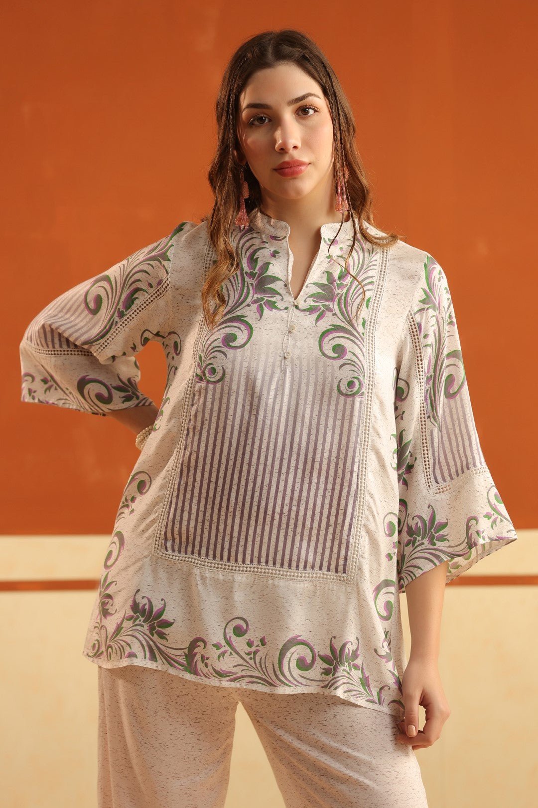 Off - White Printed Viscose Santoon Flared Top & Pant Co - Ord Set for Women - Nyaro