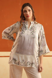 Off - White Printed Viscose Santoon Flared Top & Pant Co - Ord Set for Women - Nyaro