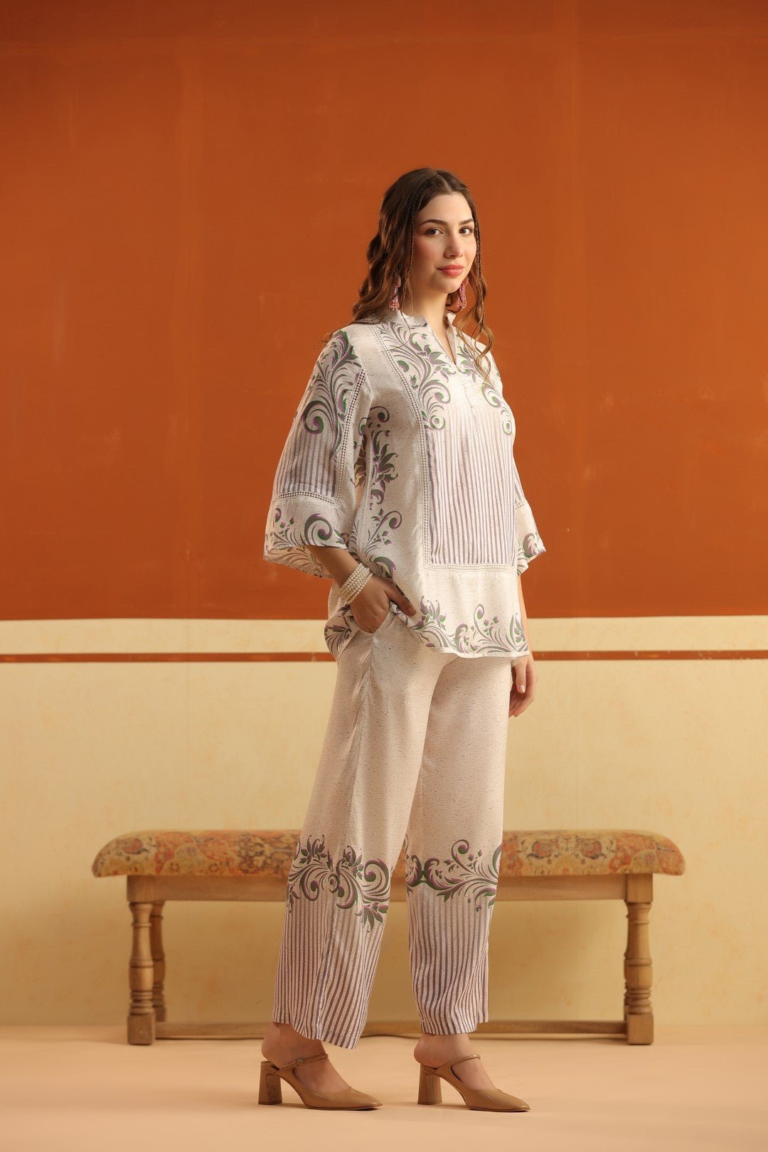 Off - White Printed Viscose Santoon Flared Top & Pant Co - Ord Set for Women - Nyaro