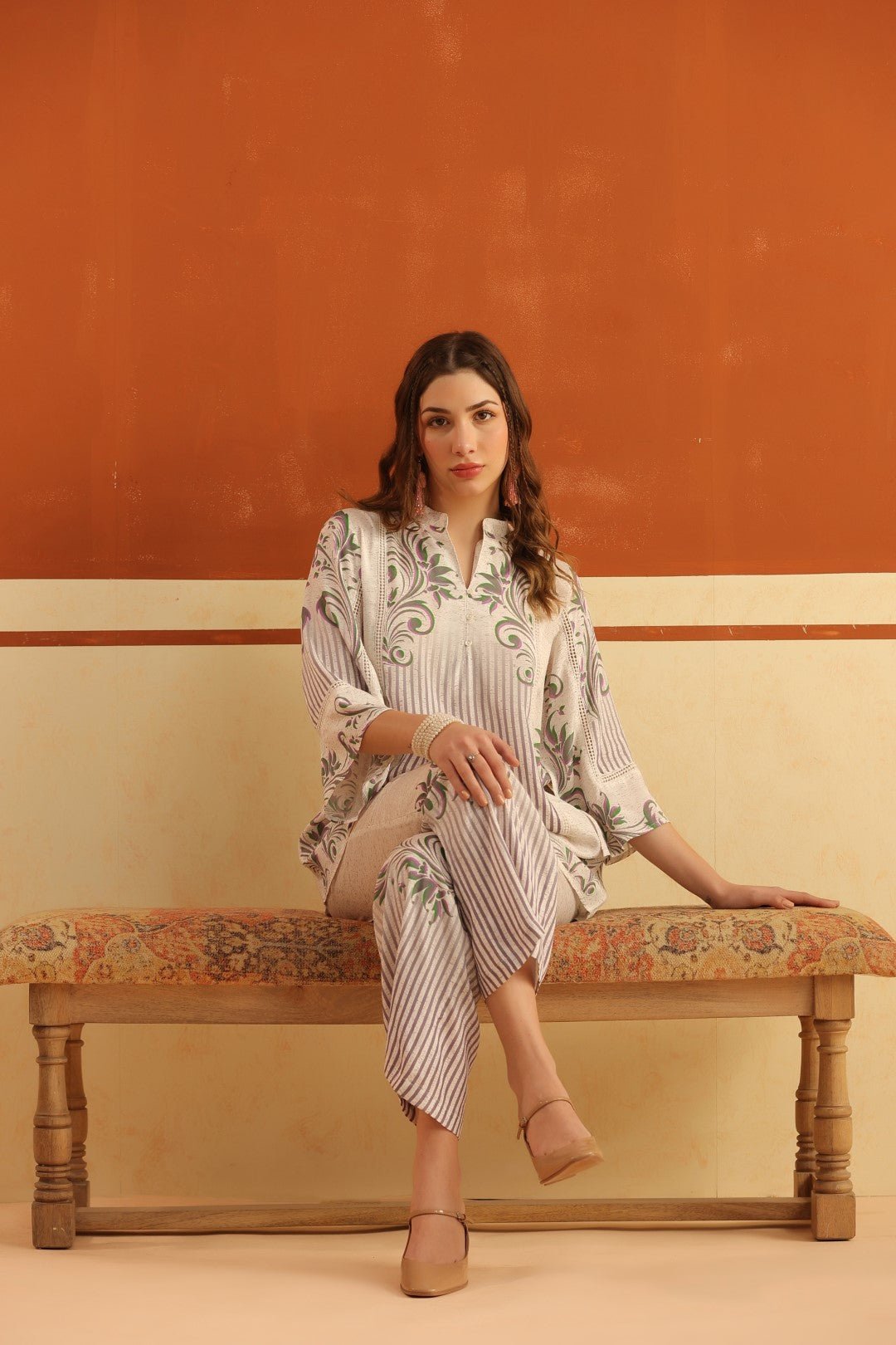 Off - White Printed Viscose Santoon Flared Top & Pant Co - Ord Set for Women - Nyaro