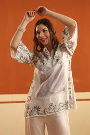 Off - White Printed Viscose Santoon Flared Top & Pant Co - Ord Set for Women - Nyaro