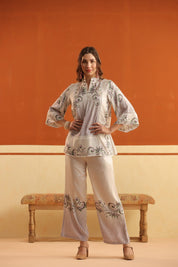 Off - White Printed Viscose Santoon Flared Top & Pant Co - Ord Set for Women - Nyaro