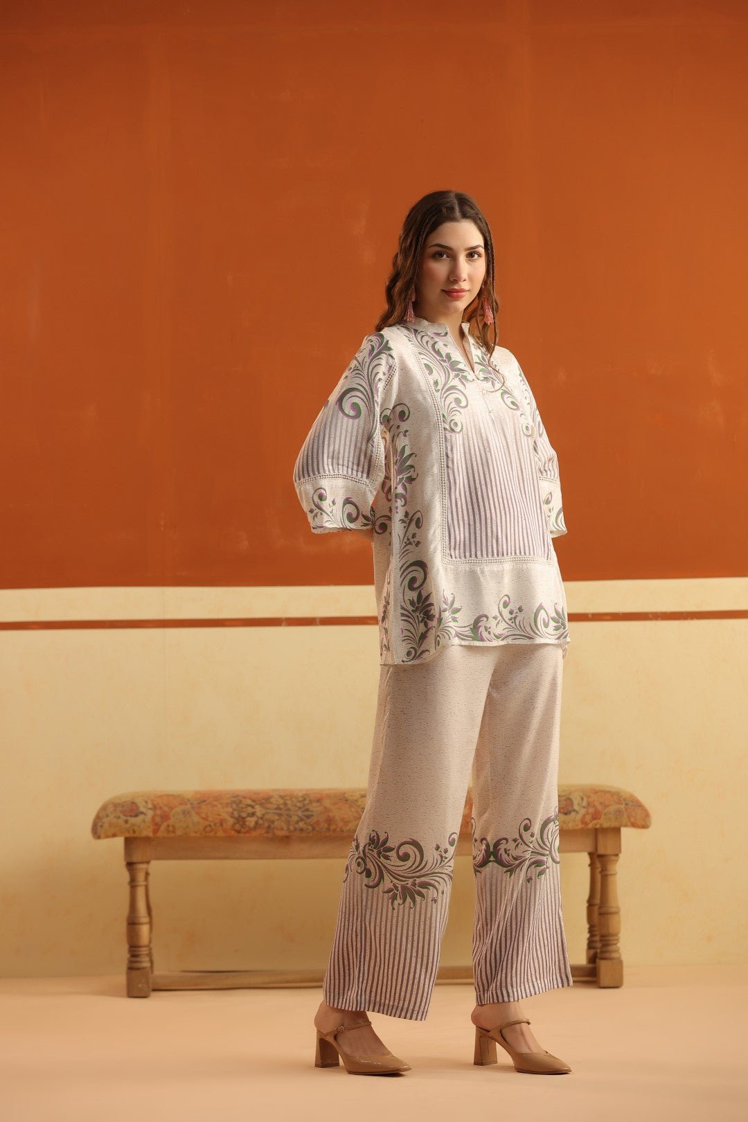 Off - White Printed Viscose Santoon Flared Top & Pant Co - Ord Set for Women - Nyaro