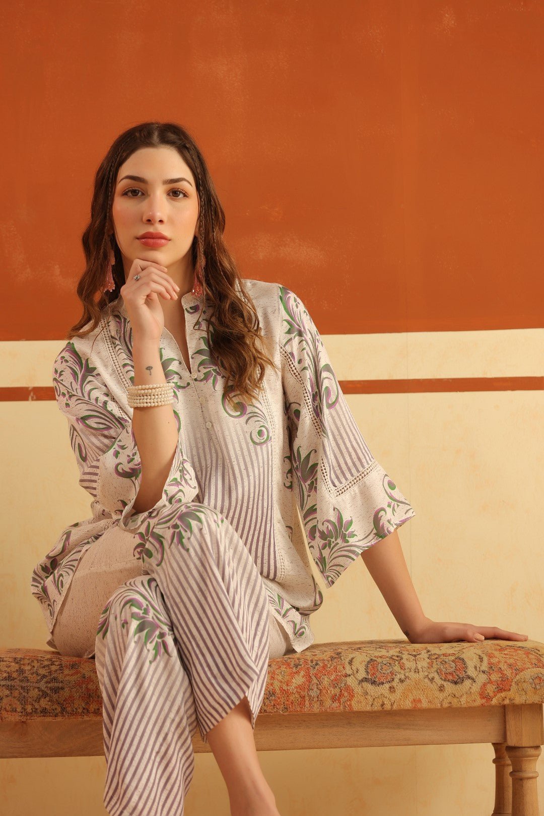 Off - White Printed Viscose Santoon Flared Top & Pant Co - Ord Set for Women - Nyaro