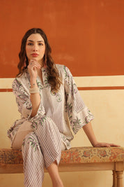 Off - White Printed Viscose Santoon Flared Top & Pant Co - Ord Set for Women - Nyaro