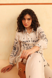 Off - White Printed Viscose Santoon Shirt & Pant Co - Ord Set for Women - Nyaro