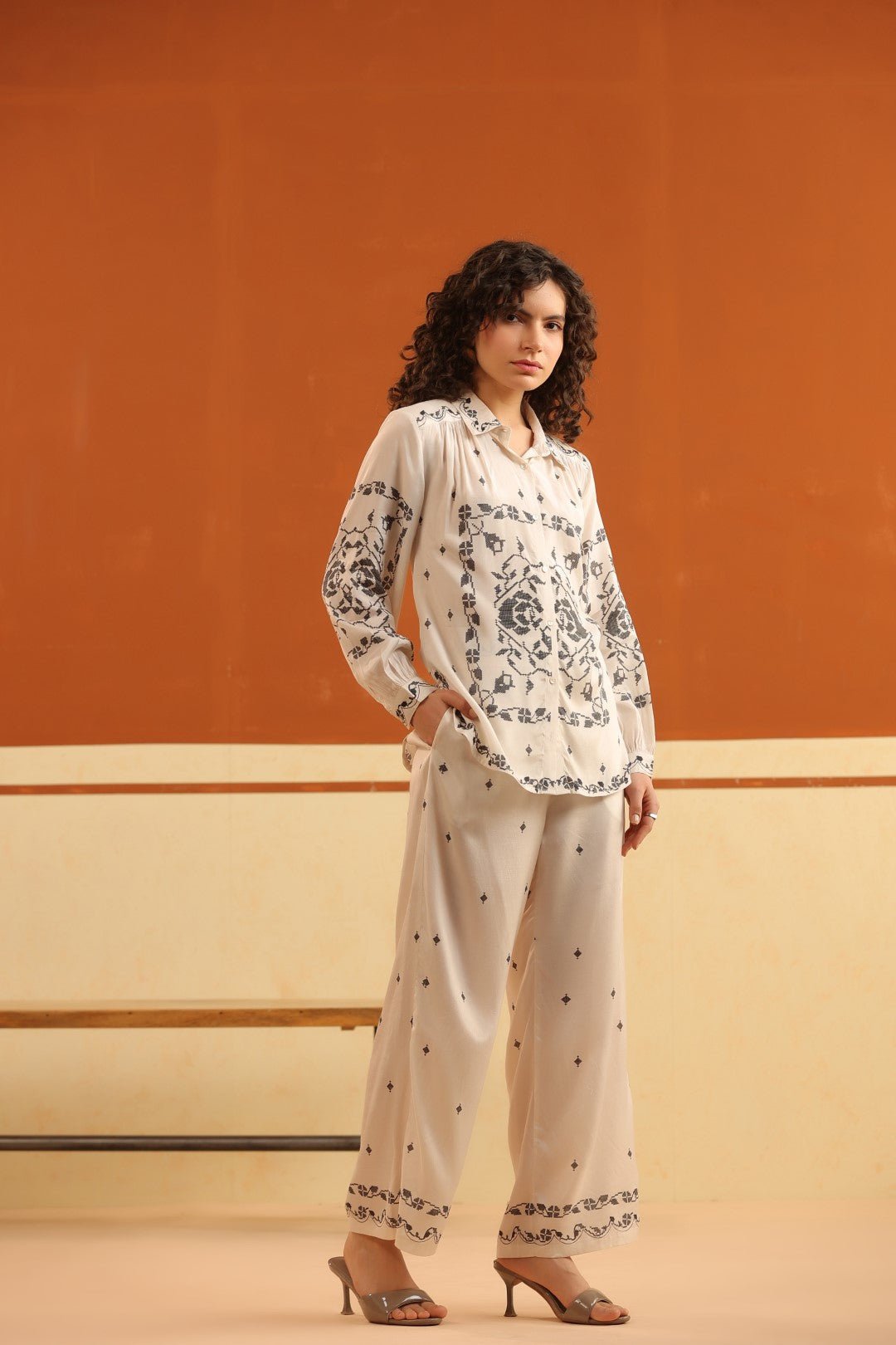 Off - White Printed Viscose Santoon Shirt & Pant Co - Ord Set for Women - Nyaro