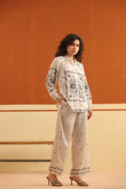 Off - White Printed Viscose Santoon Shirt & Pant Co - Ord Set for Women - Nyaro