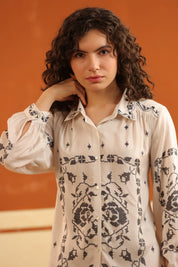 Off - White Printed Viscose Santoon Shirt & Pant Co - Ord Set for Women - Nyaro