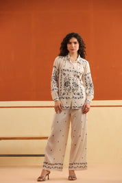 Off - White Printed Viscose Santoon Shirt & Pant Co - Ord Set for Women - Nyaro
