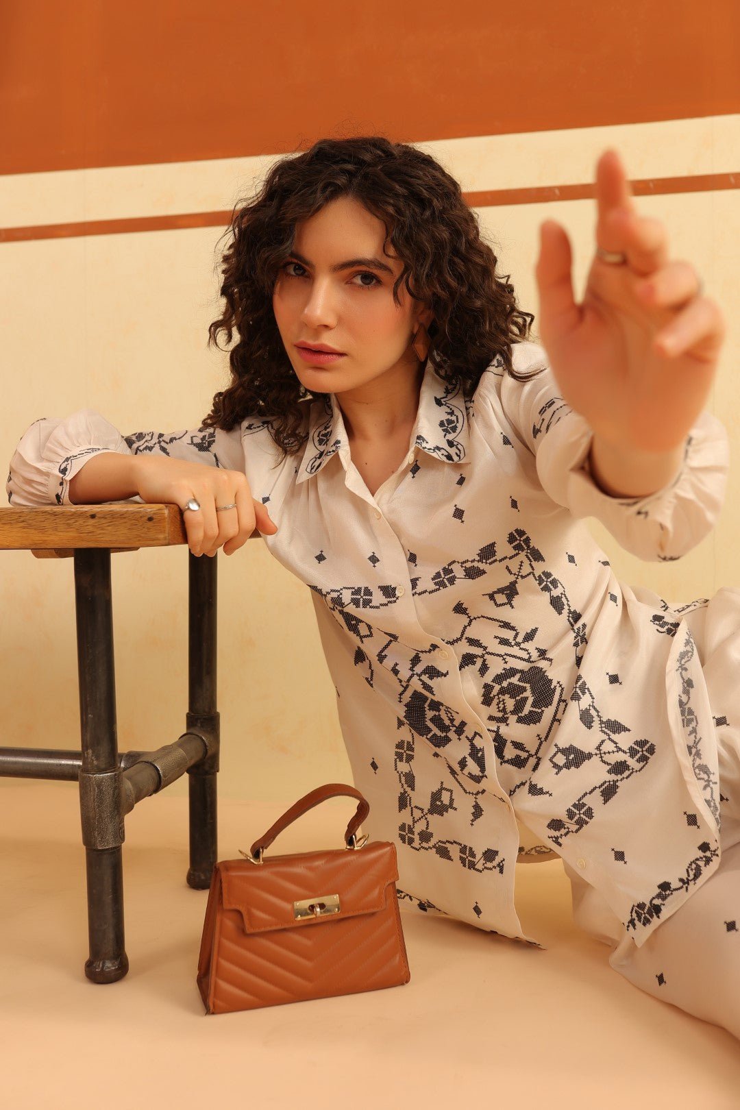 Off - White Printed Viscose Santoon Shirt & Pant Co - Ord Set for Women - Nyaro