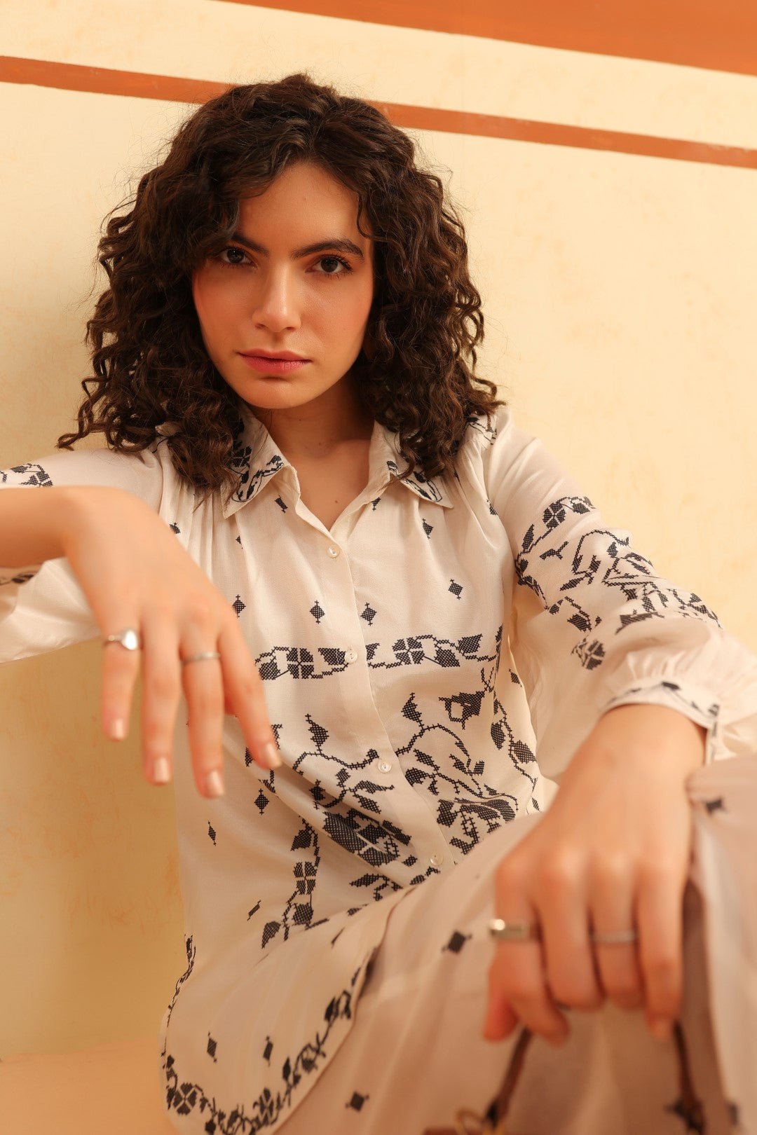 Off - White Printed Viscose Santoon Shirt & Pant Co - Ord Set for Women - Nyaro