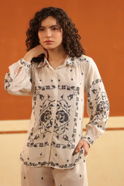 Off - White Printed Viscose Santoon Shirt & Pant Co - Ord Set for Women - Nyaro