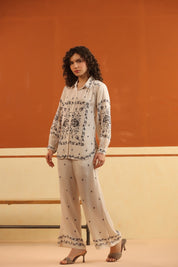 Off - White Printed Viscose Santoon Shirt & Pant Co - Ord Set for Women - Nyaro