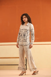 Off - White Printed Viscose Santoon Shirt & Pant Co - Ord Set for Women - Nyaro