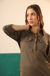 Olive Cotton Linen Shirt & Pant Co - Ord Set for Women - Nyaro