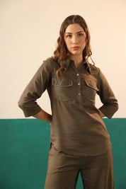 Olive Cotton Linen Shirt & Pant Co - Ord Set for Women - Nyaro