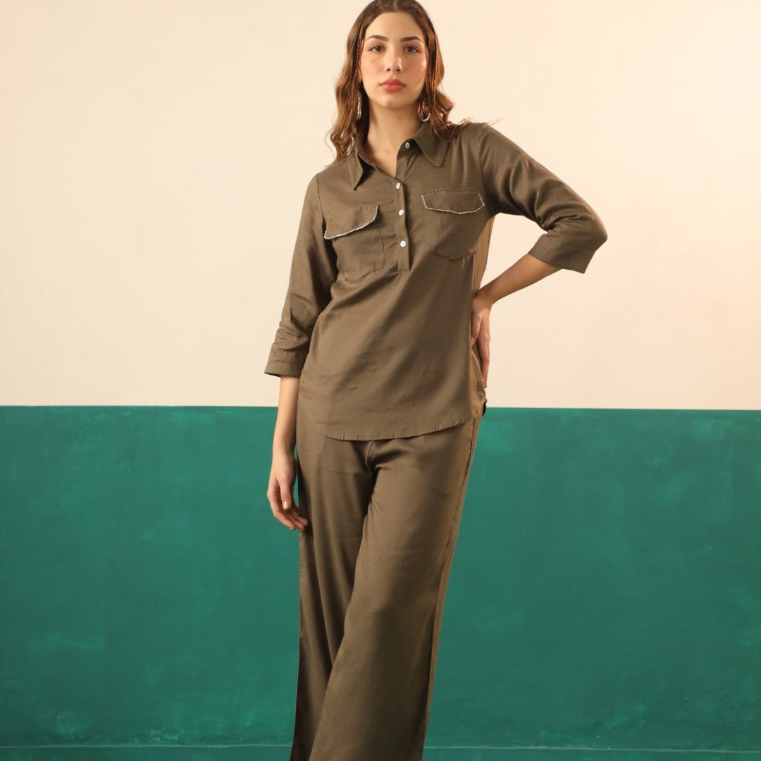 Olive Cotton Linen Shirt & Pant Co - Ord Set for Women - Nyaro