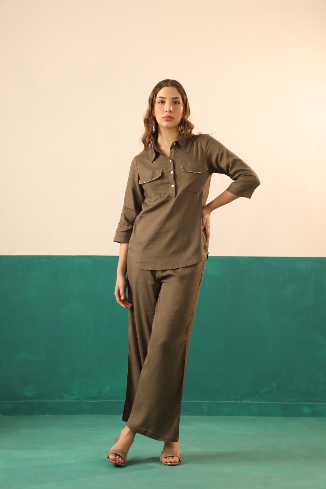 Olive Cotton Linen Shirt & Pant Co - Ord Set for Women - Nyaro