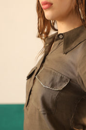 Olive Cotton Linen Shirt & Pant Co - Ord Set for Women - Nyaro