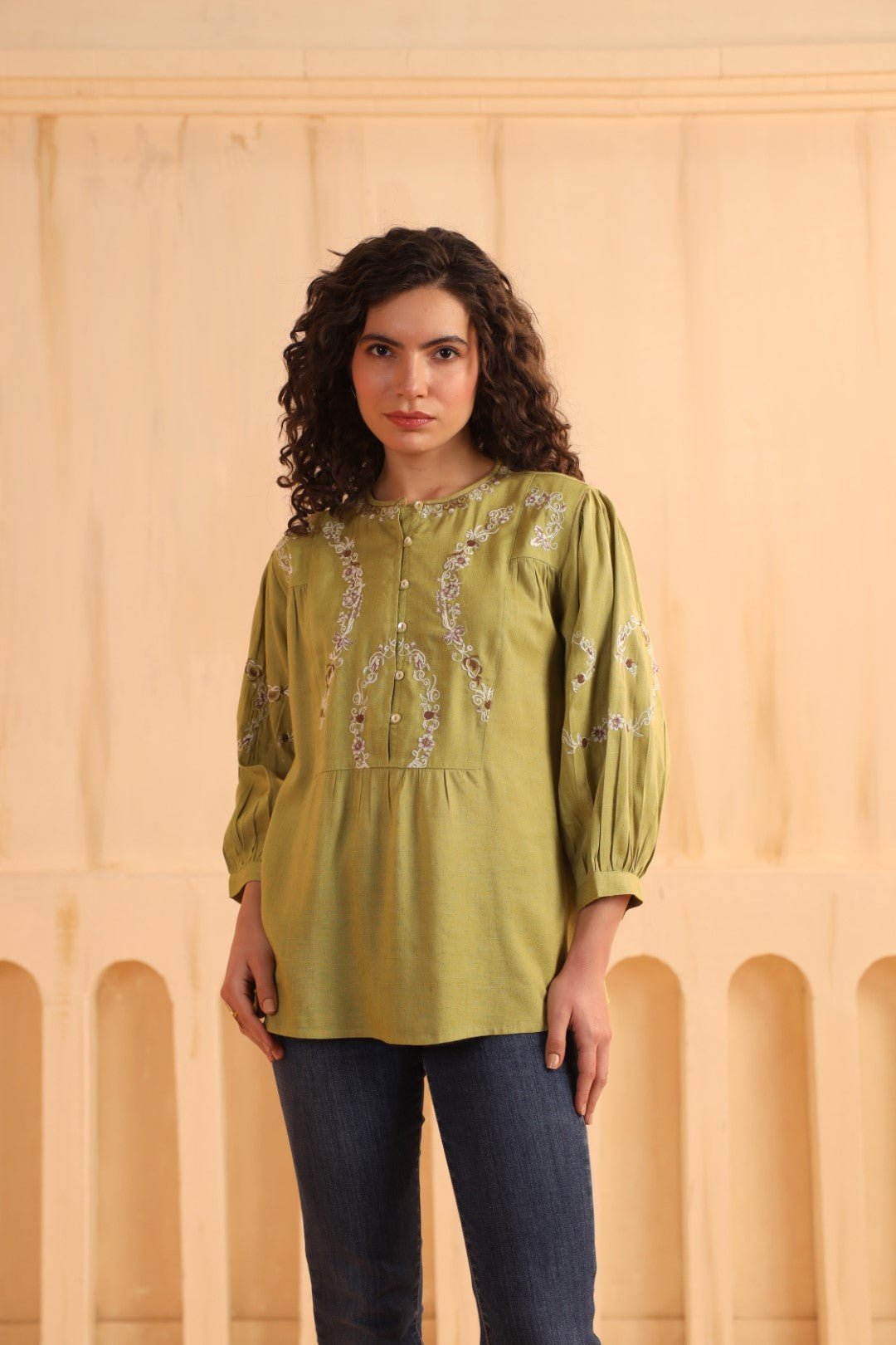 Olive Green Embroidered Cotton Linen Gathered Top for Women - Nyaro