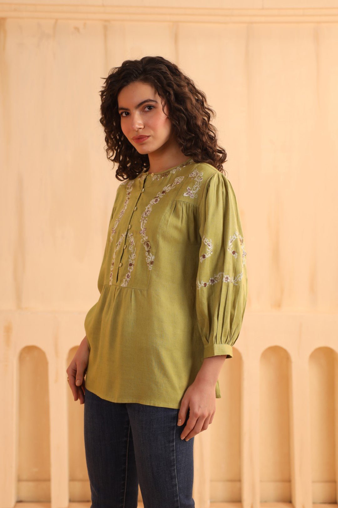 Olive Green Embroidered Cotton Linen Gathered Top for Women - Nyaro