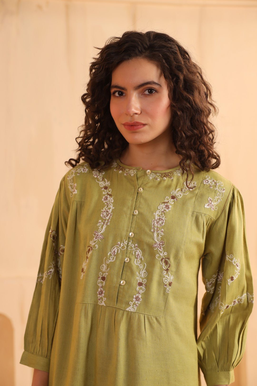 Olive Green Embroidered Cotton Linen Gathered Top for Women - Nyaro