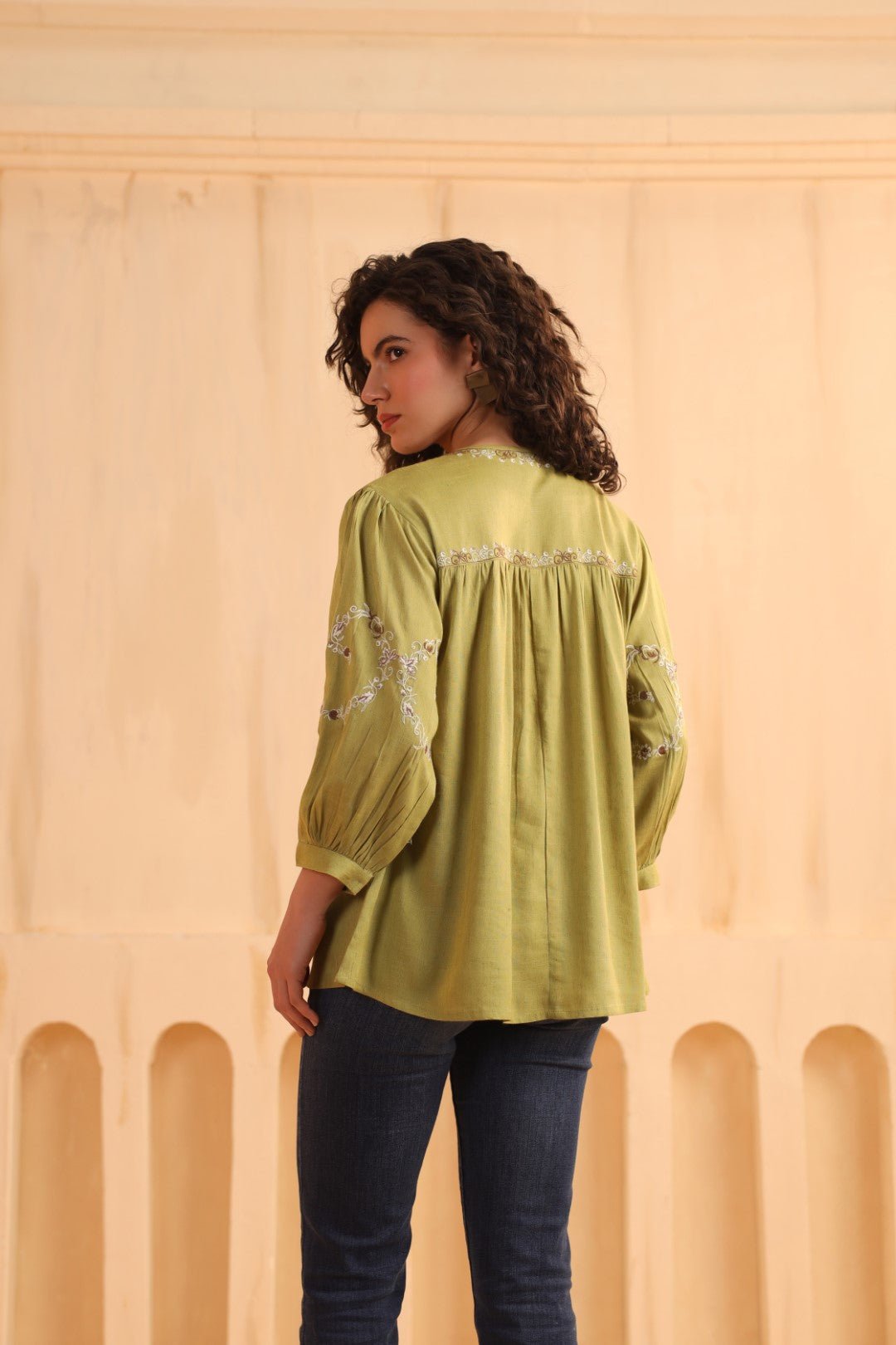 Olive Green Embroidered Cotton Linen Gathered Top for Women - Nyaro