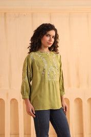 Olive Green Embroidered Cotton Linen Gathered Top for Women - Nyaro