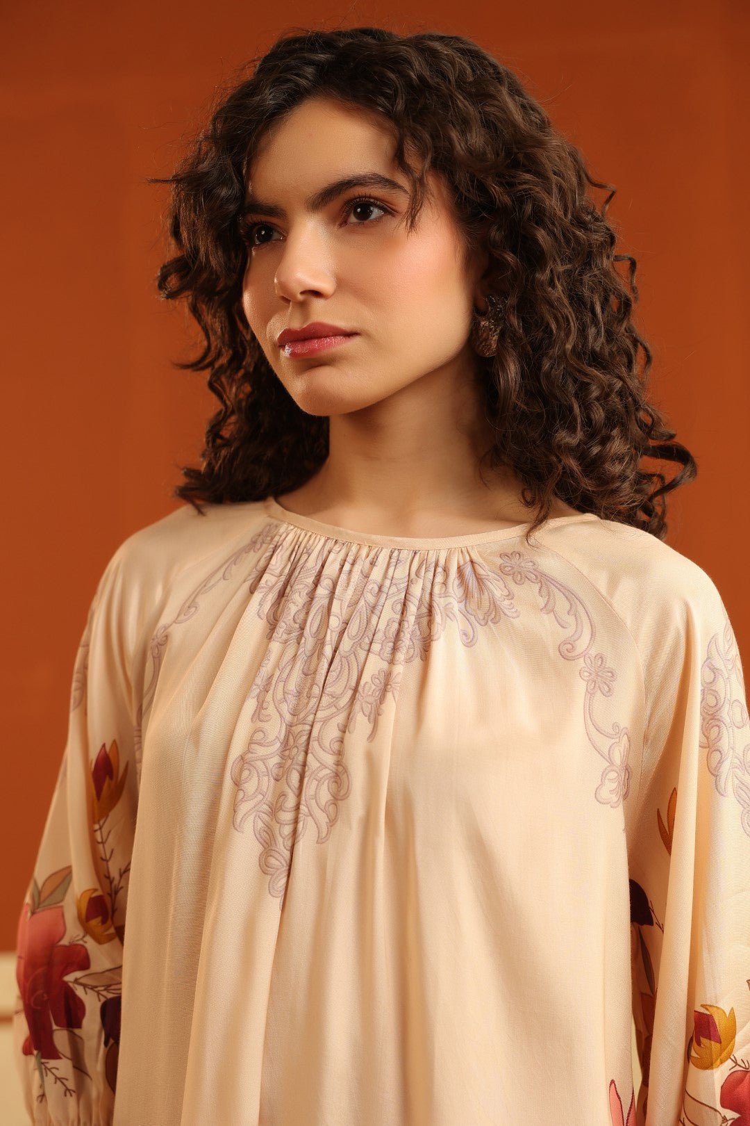 Peach Floral Printed Viscose Santoon Kurti & Pant Set for Women - Nyaro