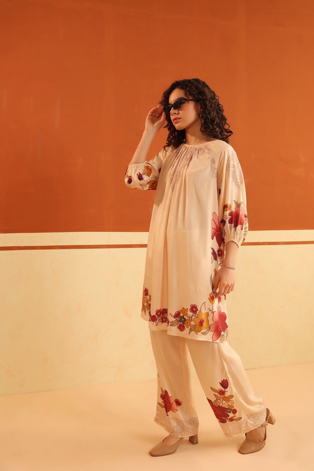 Peach Floral Printed Viscose Santoon Kurti & Pant Set for Women - Nyaro