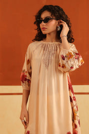 Peach Floral Printed Viscose Santoon Kurti & Pant Set for Women - Nyaro