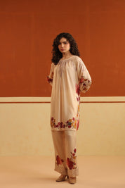 Peach Floral Printed Viscose Santoon Kurti & Pant Set for Women - Nyaro