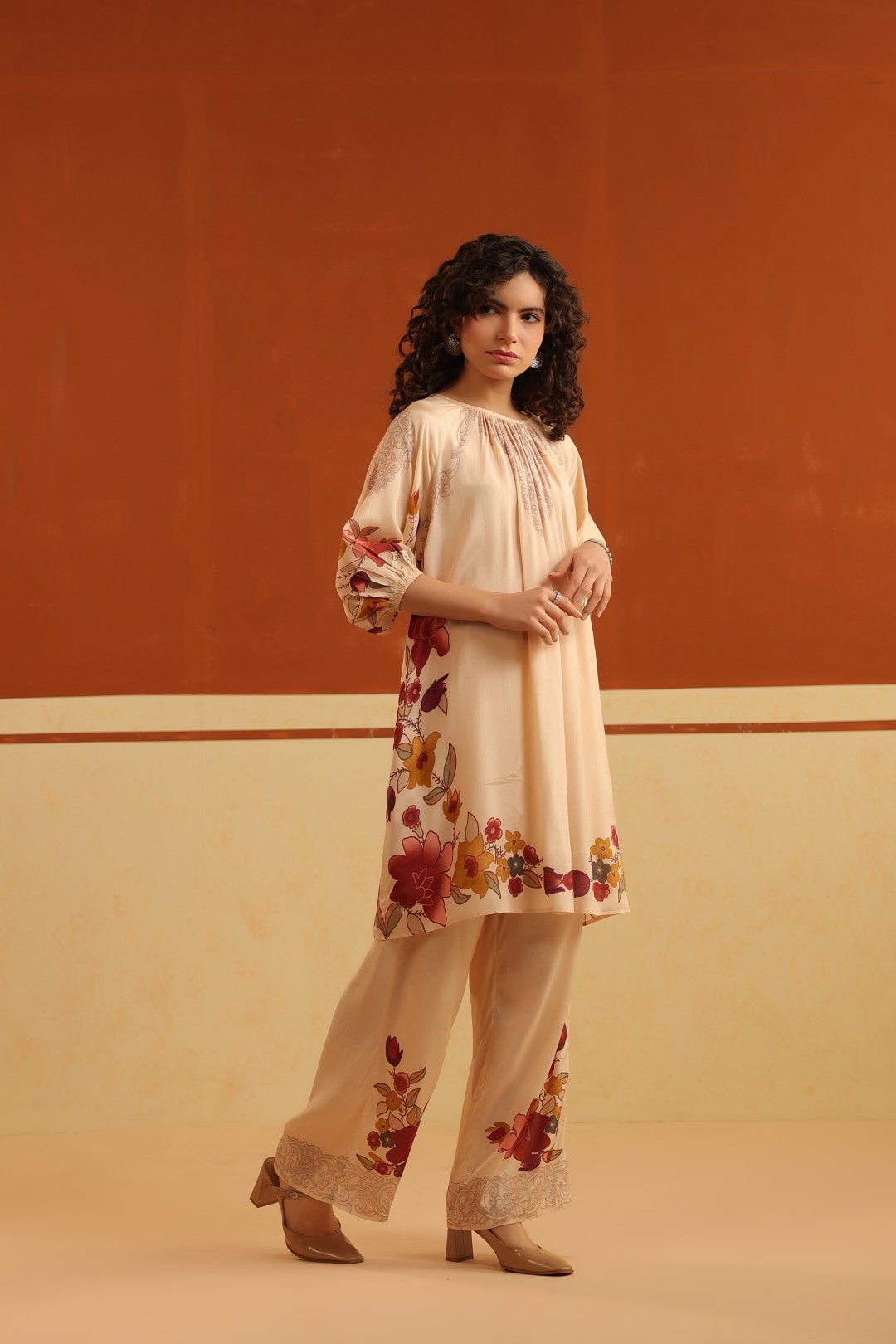 Peach Floral Printed Viscose Santoon Kurti & Pant Set for Women - Nyaro