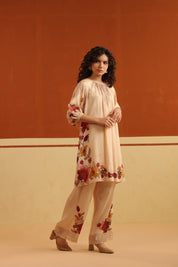 Peach Floral Printed Viscose Santoon Kurti & Pant Set for Women - Nyaro
