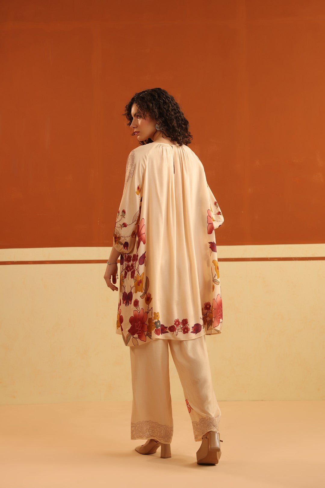 Peach Floral Printed Viscose Santoon Kurti & Pant Set for Women - Nyaro