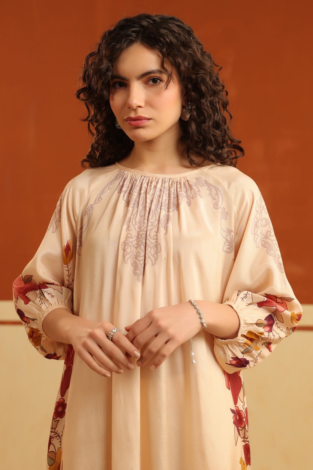 Peach Floral Printed Viscose Santoon Kurti & Pant Set for Women - Nyaro