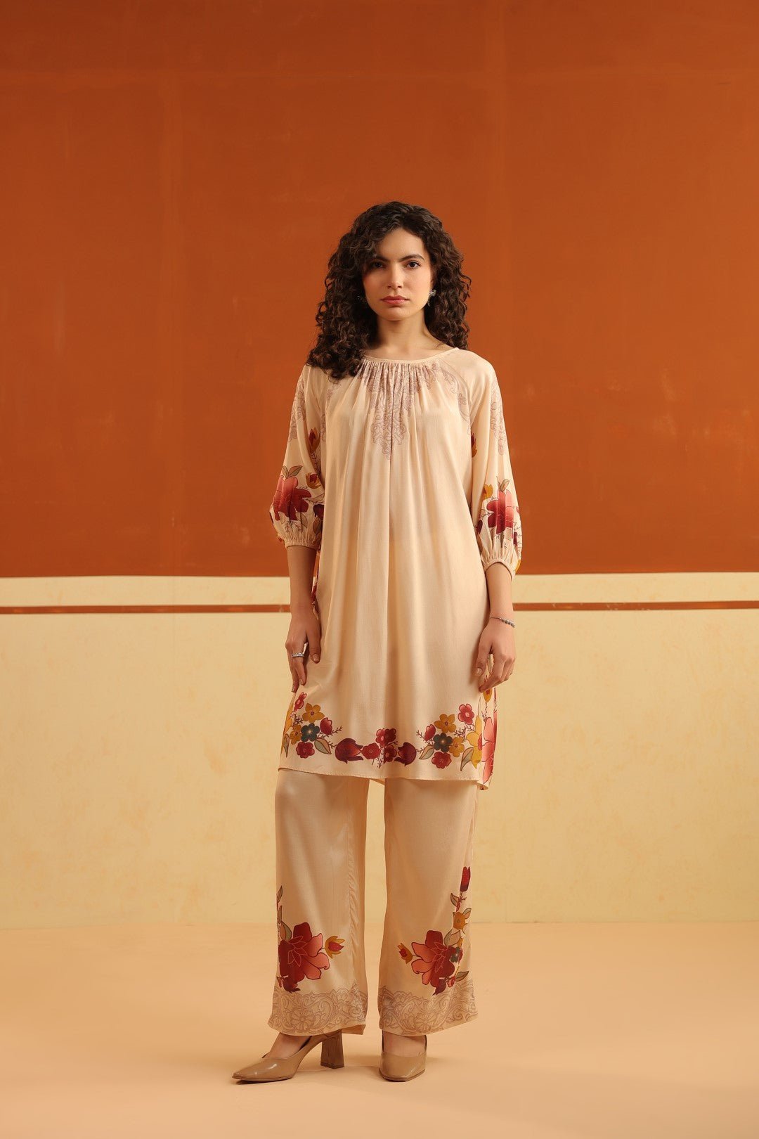 Peach Floral Printed Viscose Santoon Kurti & Pant Set for Women - Nyaro