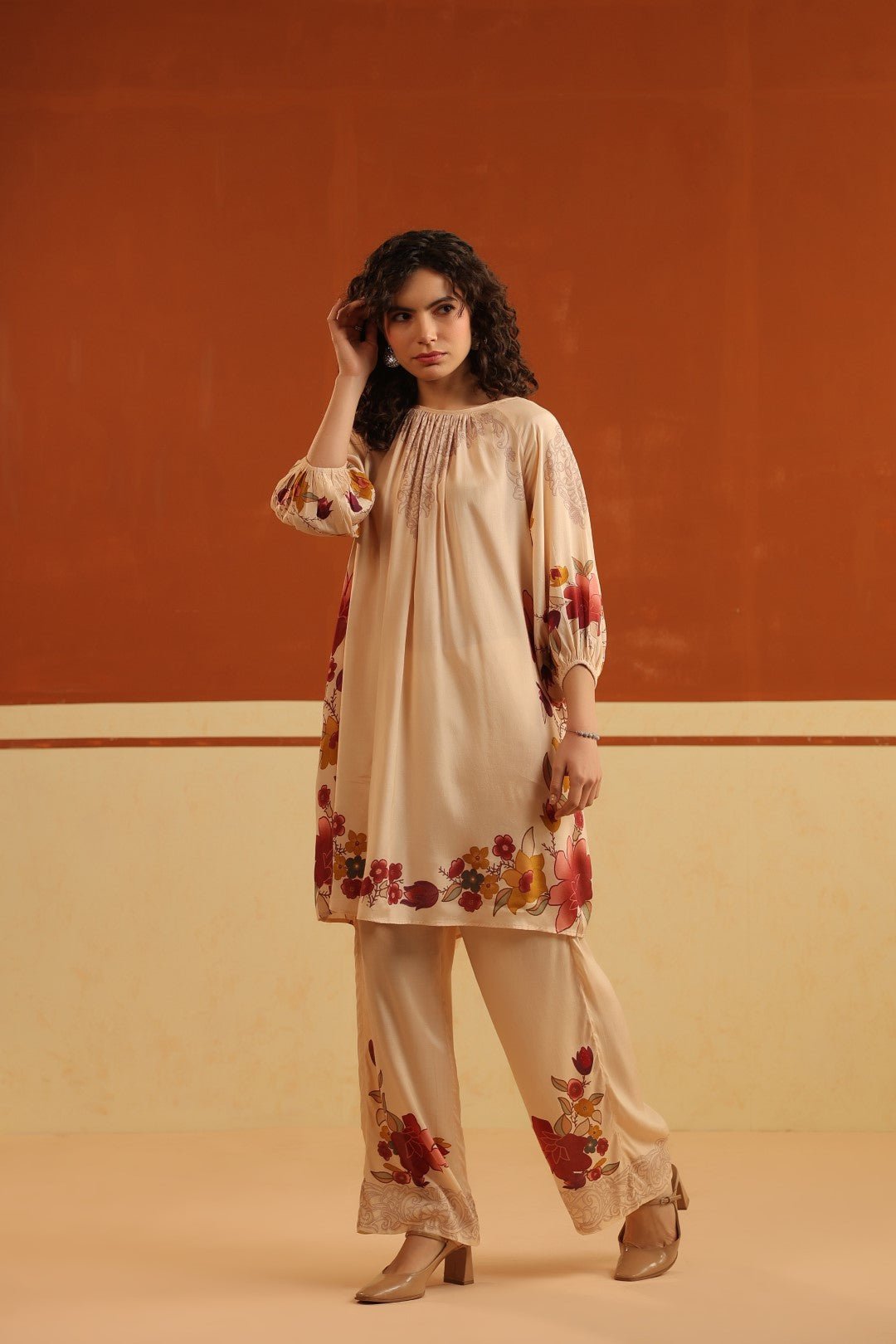 Peach Floral Printed Viscose Santoon Kurti & Pant Set for Women - Nyaro