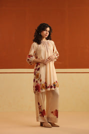 Peach Floral Printed Viscose Santoon Kurti & Pant Set for Women - Nyaro