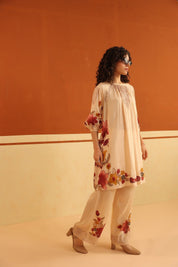 Peach Floral Printed Viscose Santoon Kurti & Pant Set for Women - Nyaro