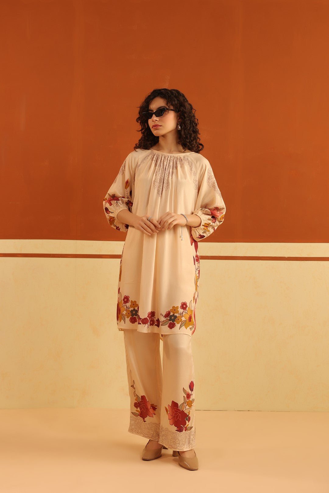 Peach Floral Printed Viscose Santoon Kurti & Pant Set for Women - Nyaro